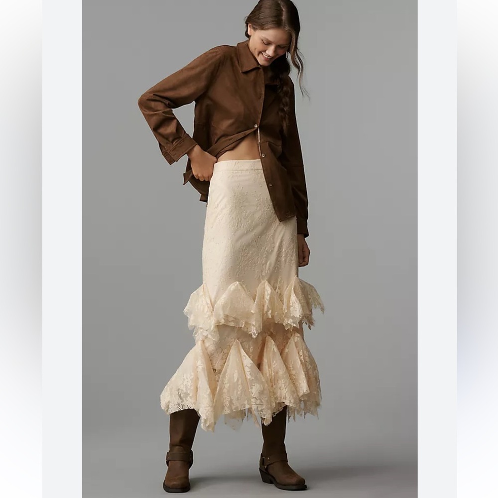 NWT retail $ 258 size S #MareMare Lace tiered cream midi skirt.#Anthropologie